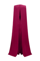 Elegant crepe and silk taffeta cape lipstick gown by I.H.F, featuring flowing fabric and sophisticated design.