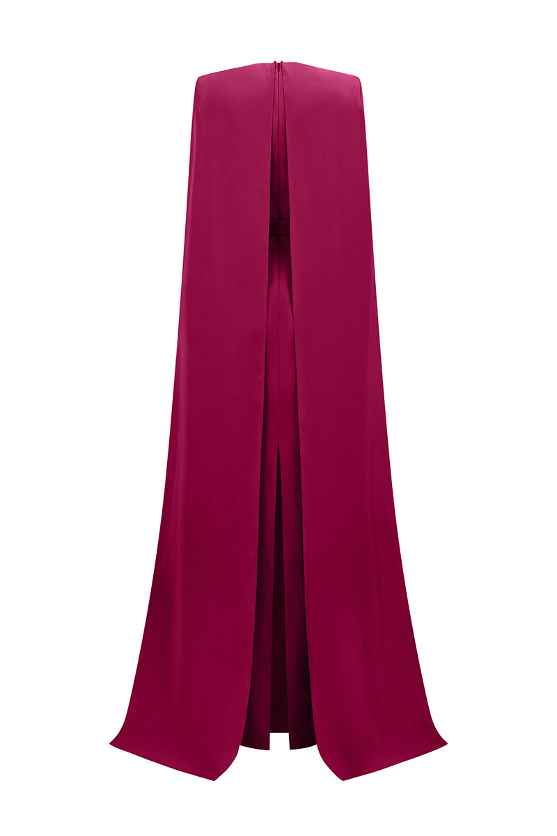 Elegant crepe and silk taffeta cape lipstick gown by I.H.F, featuring flowing fabric and sophisticated design.