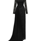 Black trapeze neck column gown in guipure lace and taffeta by I.H.F, featuring a sleek silhouette and intricate lace details.