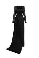 Black trapeze neck column gown in guipure lace and taffeta by I.H.F, featuring a sleek silhouette and intricate lace details.