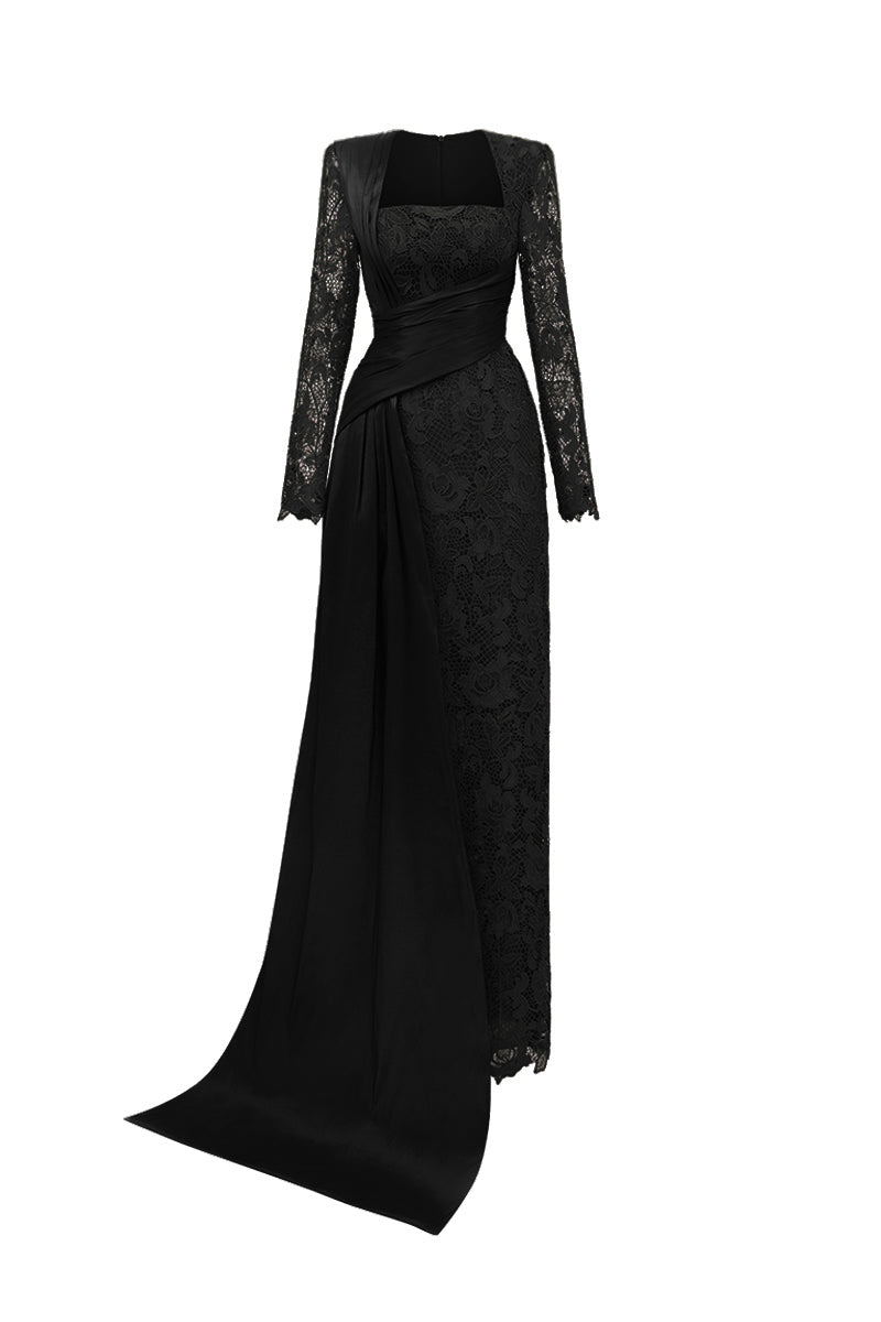 Black trapeze neck column gown in guipure lace and taffeta by I.H.F, featuring a sleek silhouette and intricate lace details.