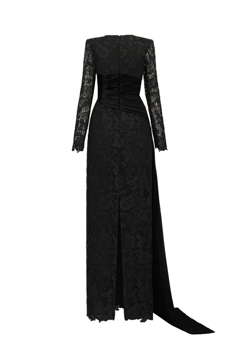 Black I.H.F gown with trapeze neck, guipure lace, and taffeta fabric, featuring a sleek, elegant silhouette.
