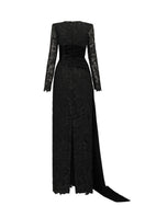 Black I.H.F gown with trapeze neck, guipure lace, and taffeta fabric, featuring a sleek, elegant silhouette.