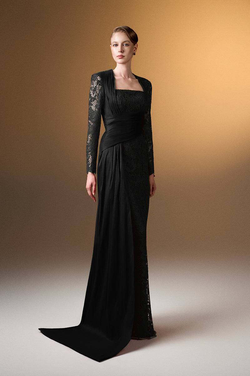 Black trapeze neck column gown in guipure lace and taffeta by I.H.F, featuring a sleek silhouette and elegant design.