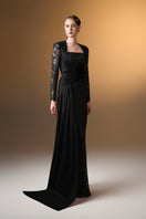 Black trapeze neck column gown in guipure lace and taffeta by I.H.F, featuring a sleek silhouette and elegant design.