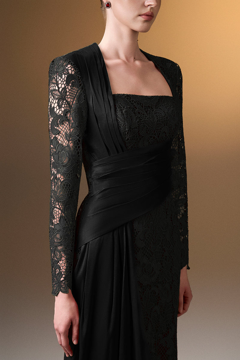 Black I.H.F trapeze neck column gown in guipure lace and taffeta, featuring a sleek silhouette and elegant design.