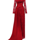 Dark red I.H.F gown with trapeze neckline, featuring guipure lace and taffeta fabric, elegant and flowing silhouette.