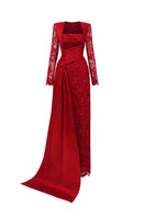Dark red I.H.F gown with trapeze neckline, featuring guipure lace and taffeta fabric, elegant and flowing silhouette.
