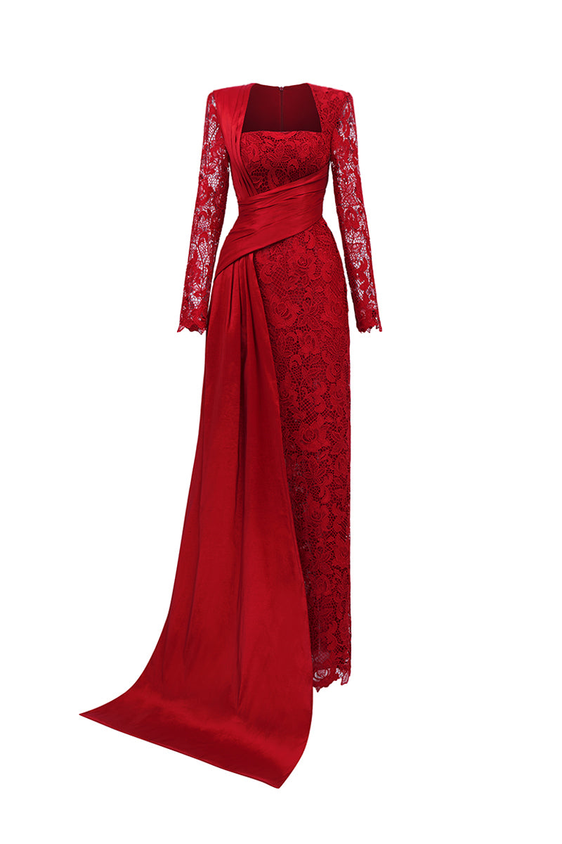 Dark red I.H.F gown with trapeze neckline, featuring guipure lace and taffeta fabric, elegant and flowing silhouette.