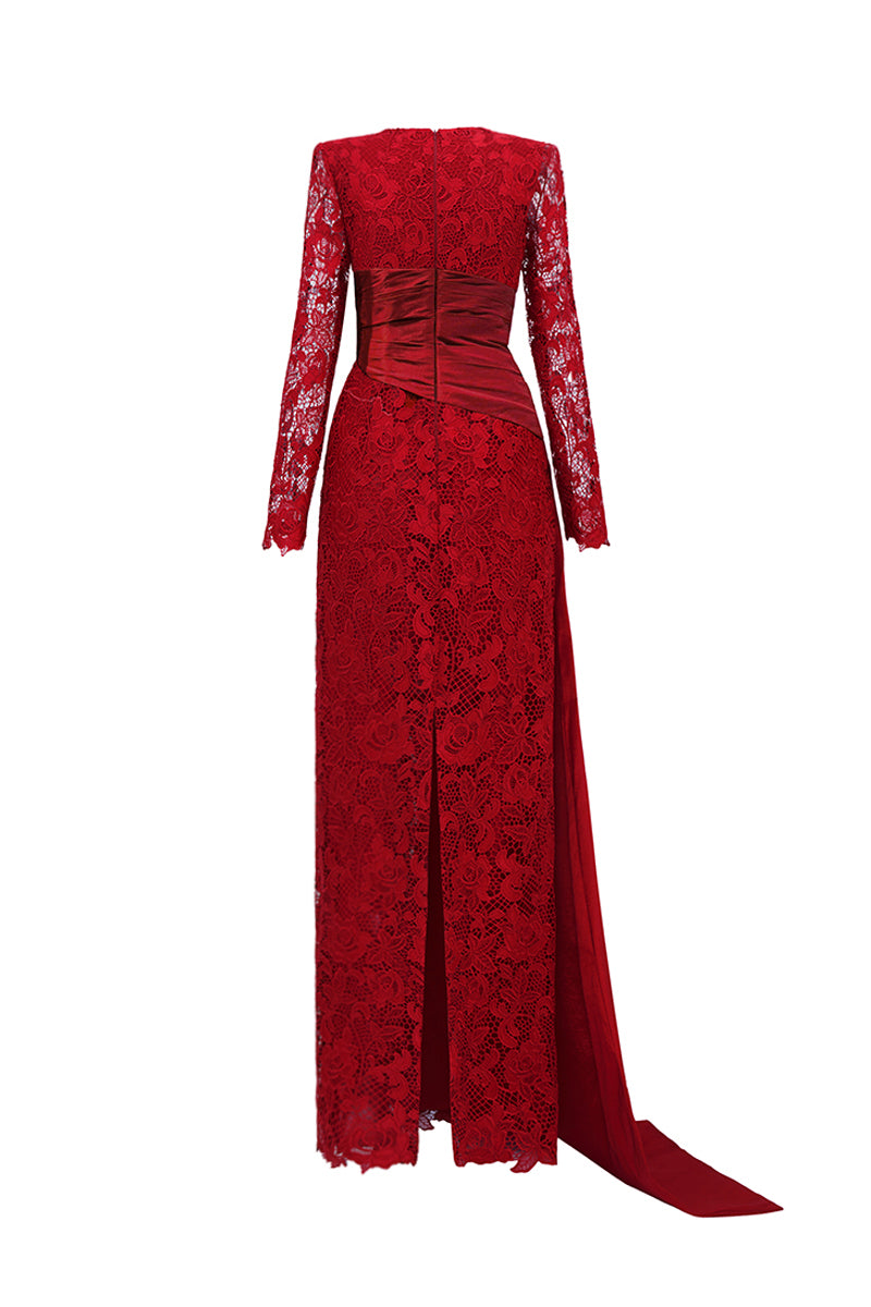 Dark red I.H.F gown with trapeze neck, featuring intricate guipure lace and taffeta fabric, elegant evening dress.