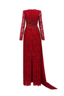 Dark red I.H.F gown with trapeze neck, featuring intricate guipure lace and taffeta fabric, elegant evening dress.