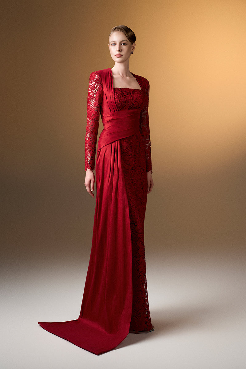Dark red I.H.F trapeze neck column gown with guipure lace and taffeta fabric, elegant evening dress with a flowing silhouette.