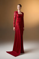 Dark red I.H.F trapeze neck column gown with guipure lace and taffeta fabric, elegant evening dress with a flowing silhouette.