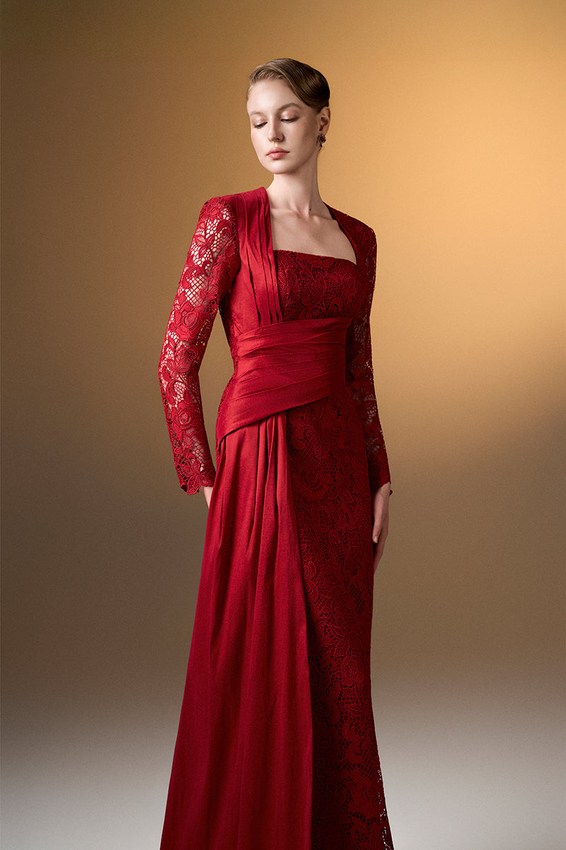 Dark red I.H.F gown with trapeze neckline, featuring guipure lace and taffeta fabric, elegant and flowing design.