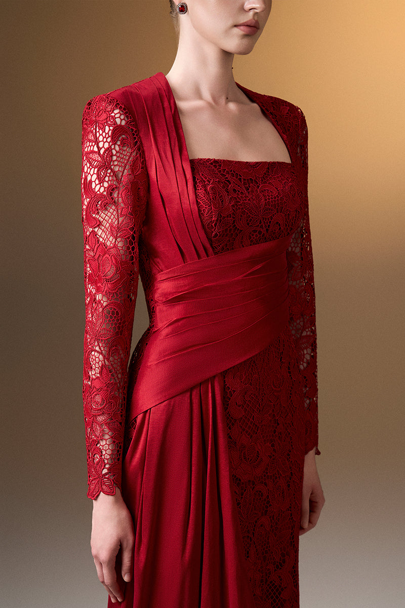 Dark red I.H.F trapeze neck column gown with guipure lace and taffeta fabric, featuring an elegant flowing silhouette.