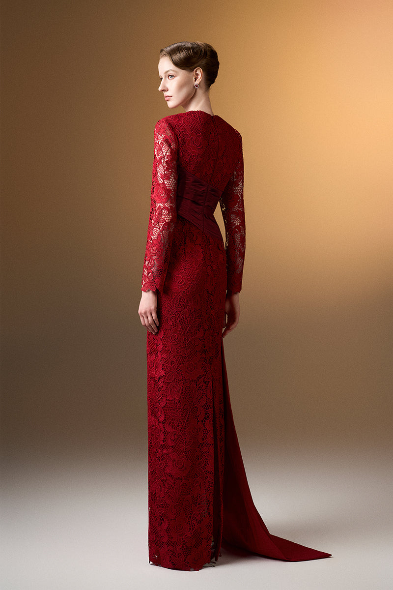 Elegant red trapeze neck gown by I.H.F in dark guipure lace and taffeta, featuring a flowing silhouette and intricate lace details.