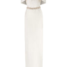 Ivory off-shoulder column gown with rose design brocade by I.H.F, elegant formal evening dress featuring a flowing silhouette.