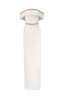 Ivory off-shoulder column gown with rose design brocade by I.H.F, elegant formal evening dress featuring a flowing silhouette.