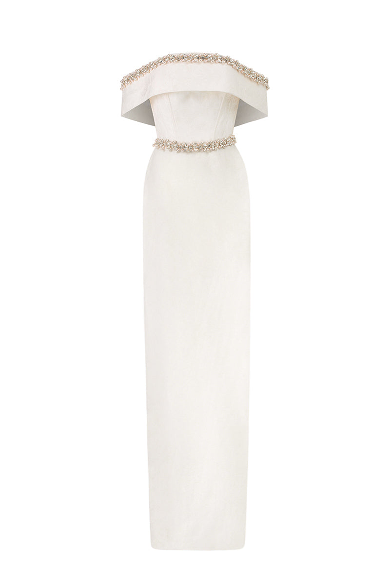 Ivory off-shoulder column gown with rose design brocade by I.H.F, elegant formal evening dress featuring a flowing silhouette.