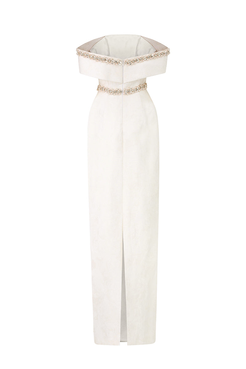 Ivory off-shoulder column gown with rose design brocade by I.H.F, elegant formal dress with intricate floral pattern.