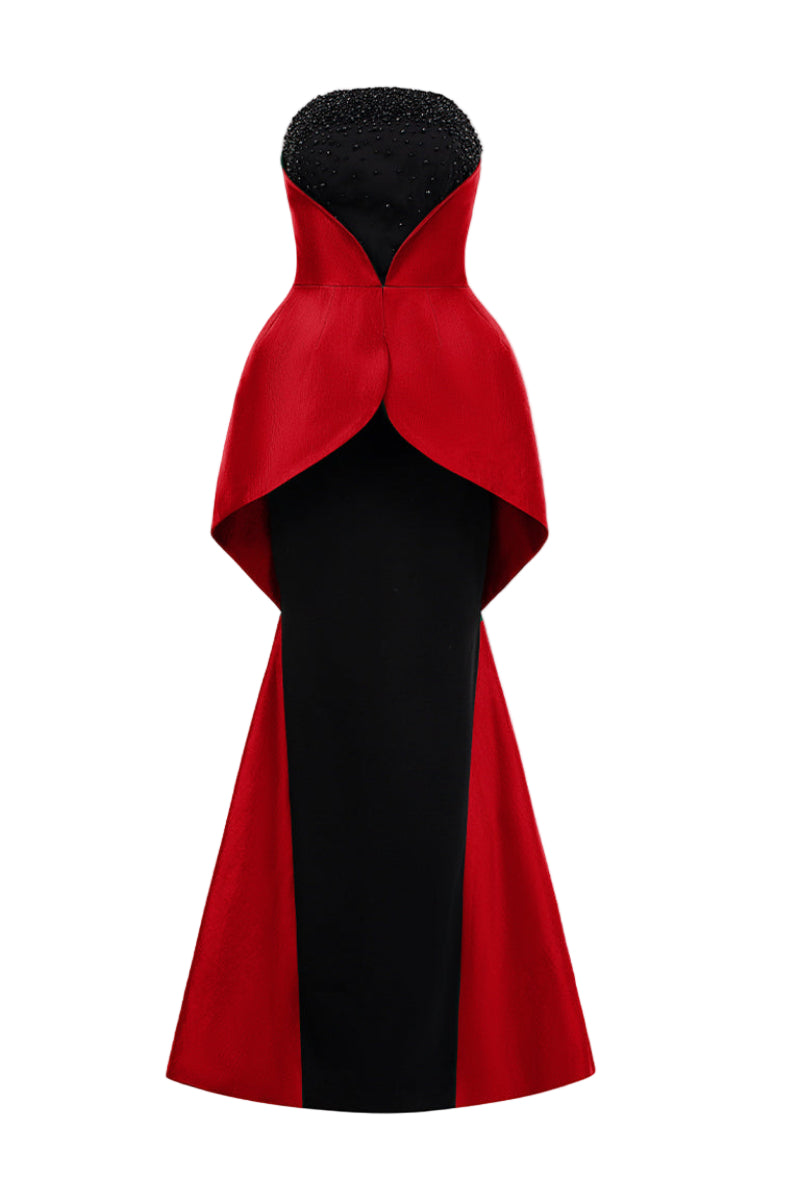 فستان مايل من الكريب والتفتا باللون الأحمر