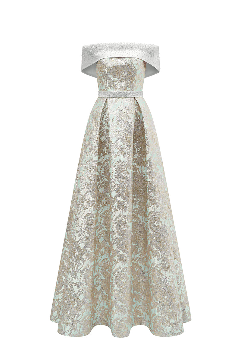METALLIC JACQUARD AND SILK TAFFETA MINT GOWN