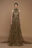 I.H.F tie-dye metallic chiffon cape gown with flowing fabric and vibrant swirl patterns, elegant and eye-catching for formal events
