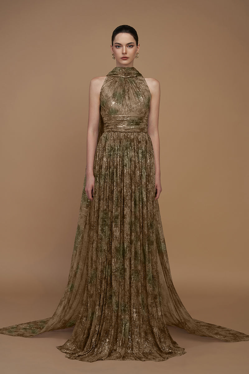 I.H.F tie-dye metallic chiffon cape gown with flowing fabric and vibrant swirl patterns, elegant and eye-catching for formal events