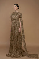 Silver tie-dye metallic chiffon cape gown by I.H.F, flowing fabric with vibrant tie-dye pattern and elegant draping.