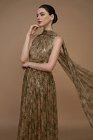 I.H.F tie-dye metallic chiffon cape gown with flowing fabric and vibrant colorful pattern, elegant and stylish for formal occasions.
