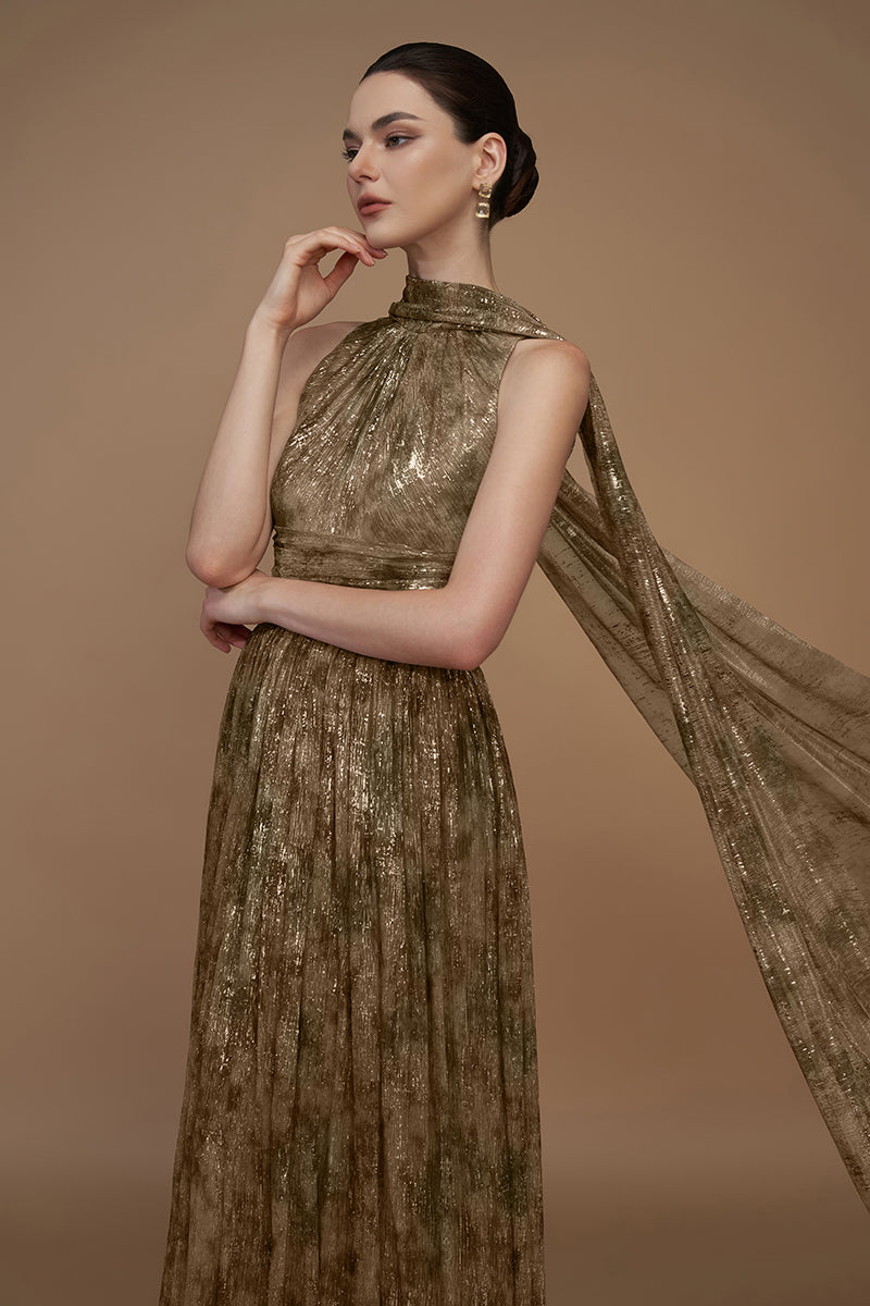 I.H.F tie-dye metallic chiffon cape gown with flowing fabric and vibrant colorful pattern, elegant and stylish for formal occasions.