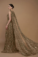 I.H.F tie-dye metallic chiffon cape gown with flowing fabric and vibrant colors, elegant and stylish evening wear.