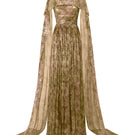 I.H.F tie-dye metallic chiffon cape gown with flowing fabric and vibrant colors, elegant and stylish for special occasions.