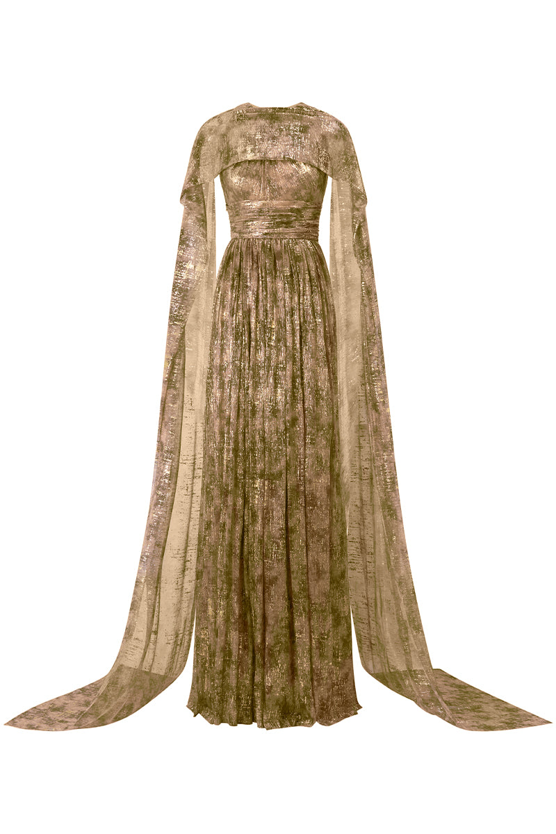 TIE-DYE METALLIC CHIFFON CAPE GOWN - CULT MIA