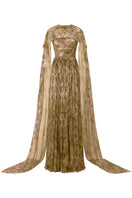 I.H.F tie-dye metallic chiffon cape gown with flowing fabric and vibrant colors, elegant and stylish for special occasions.