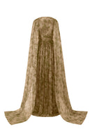 I.H.F tie-dye metallic chiffon cape gown with flowing fabric and vibrant, colorful pattern, stylish and elegant evening wear.