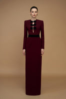 Elegant crepe de chine and velvet wine gown by I.H.F, featuring a flowing design and luxurious fabric for formal occasions.