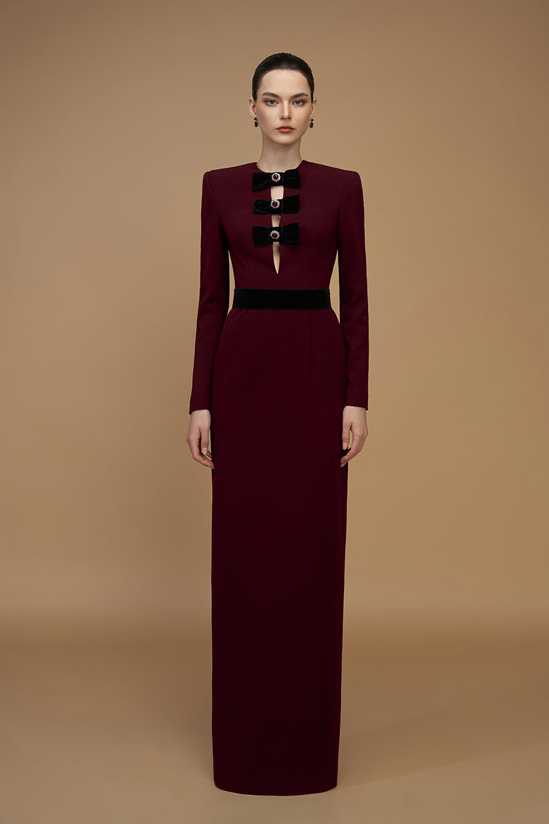 Elegant crepe de chine and velvet wine gown by I.H.F, featuring a flowing design and luxurious fabric for formal occasions.