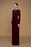 Elegant crepe de chine and velvet wine gown by I.H.F, featuring a flowing design and luxurious fabric details.