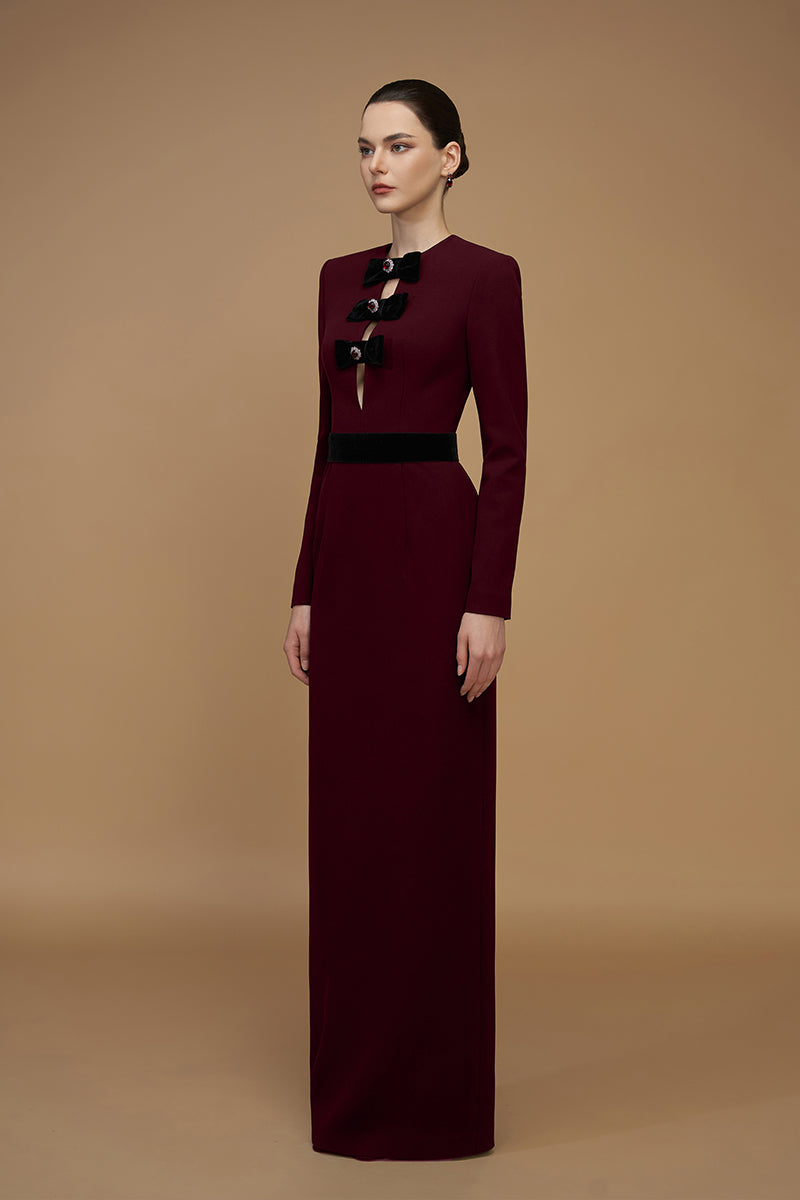 Elegant crepe de chine and velvet wine gown by I.H.F, featuring a flowing design and luxurious fabric details.