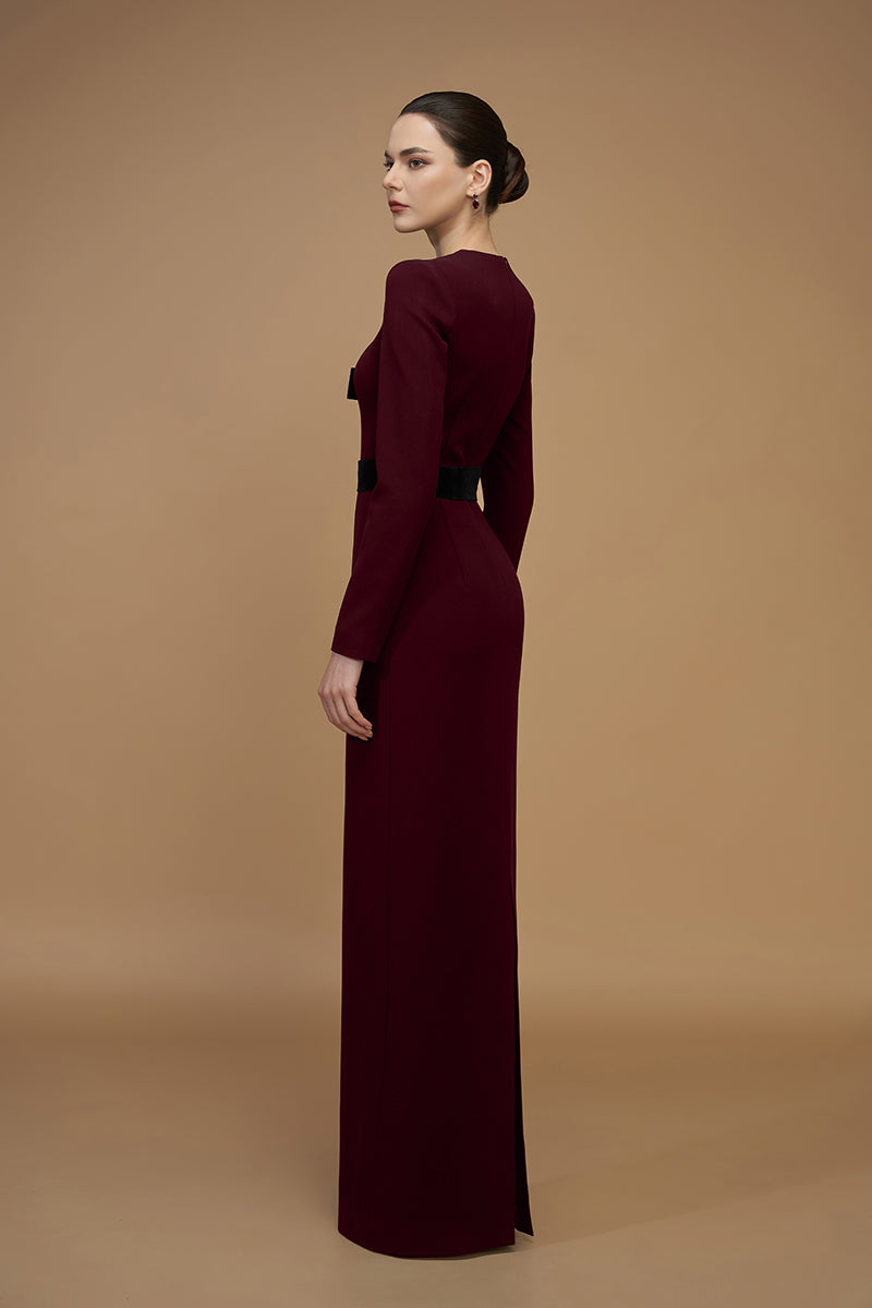 Elegant crepe de chine and velvet wine gown by I.H.F, featuring flowing fabric and luxurious design for formal occasions.