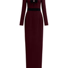 Elegant crepe de chine and velvet wine gown by I.H.F, featuring a flowing silhouette and luxurious fabric details.
