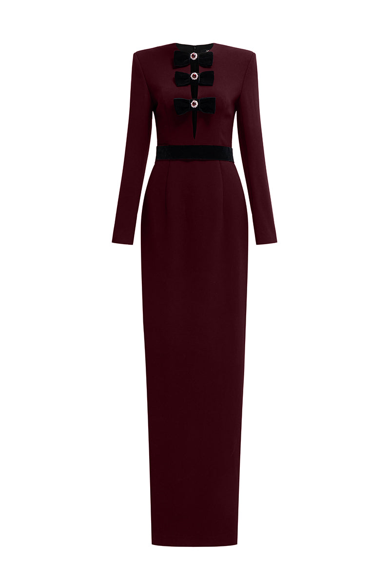 CREPE DE CHINE AND VELVET WINE GOWN