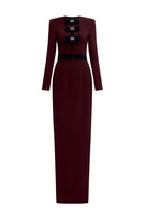 Elegant crepe de chine and velvet wine gown by I.H.F, featuring a flowing silhouette and luxurious fabric details.