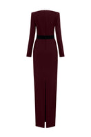 I.H.F crepe de chine and velvet wine gown showing flowing fabric and elegant design in deep wine color.