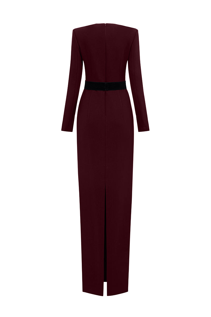 I.H.F crepe de chine and velvet wine gown showing flowing fabric and elegant design in deep wine color.