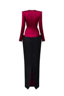 I.H.F Rosalind red and black V-line taffeta column gown with round neckline and contrasting lower skirt in black bamboo taffeta and red satin silk.