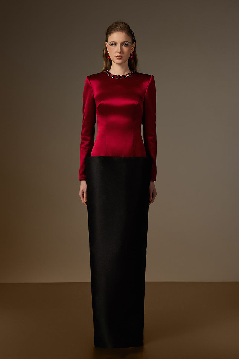 Red and black V-line taffeta column gown by I.H.F with a round neck and flowing lower skirt in bamboo taffeta and satin silk.