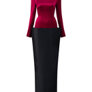 I.H.F Rosalind red and black taffeta column gown with V-line lower skirt and round neckline.