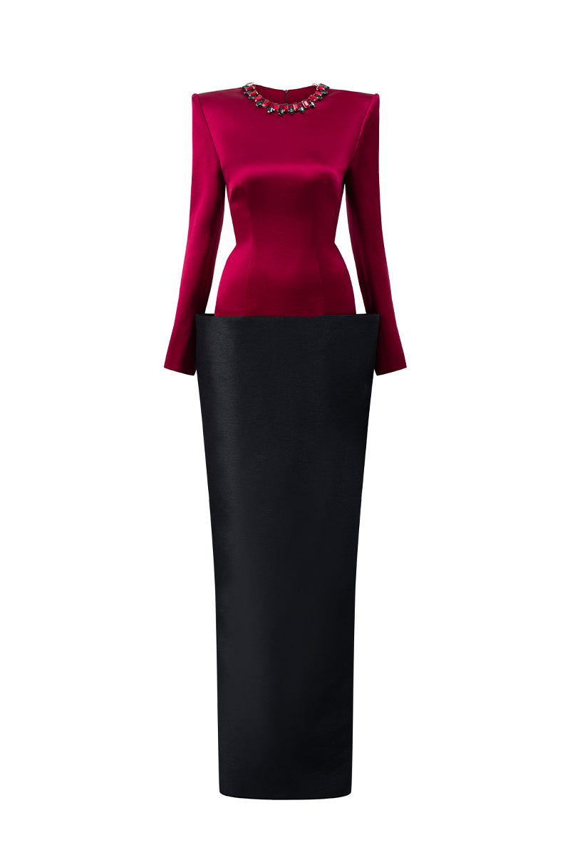 I.H.F Rosalind red and black taffeta column gown with V-line lower skirt and round neckline.